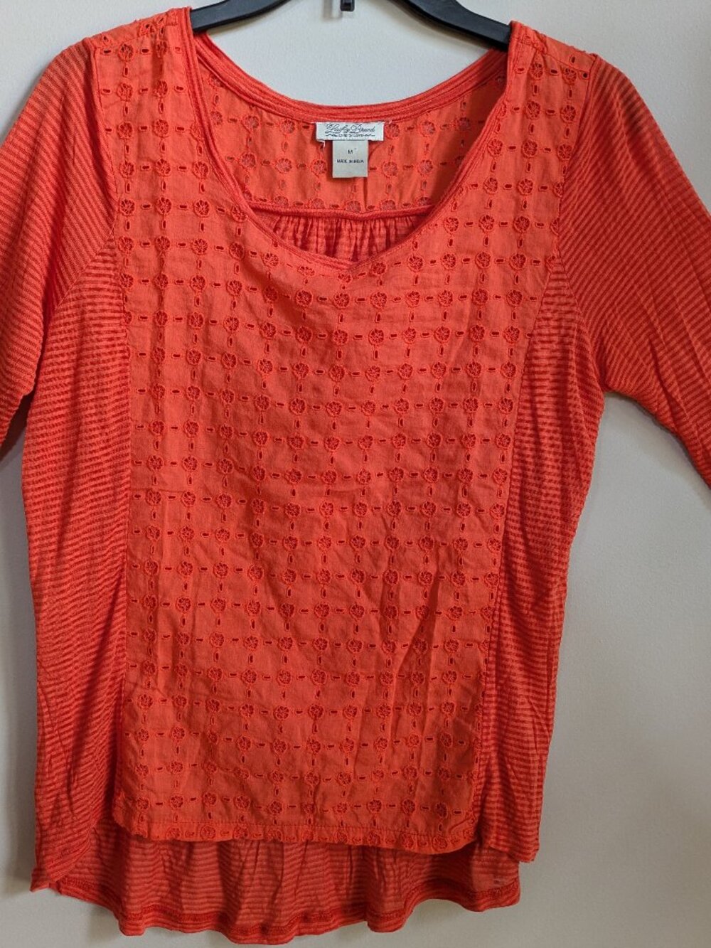 lucky brand t shirt woman size M orange 3/4 sleeve stripe and eyelet #279
